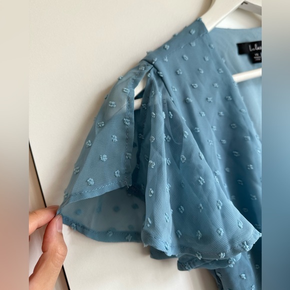 Lulus Cute Blue Swiss Dot Flutter Sleeve Wrap Dress - Picture 7 of 10